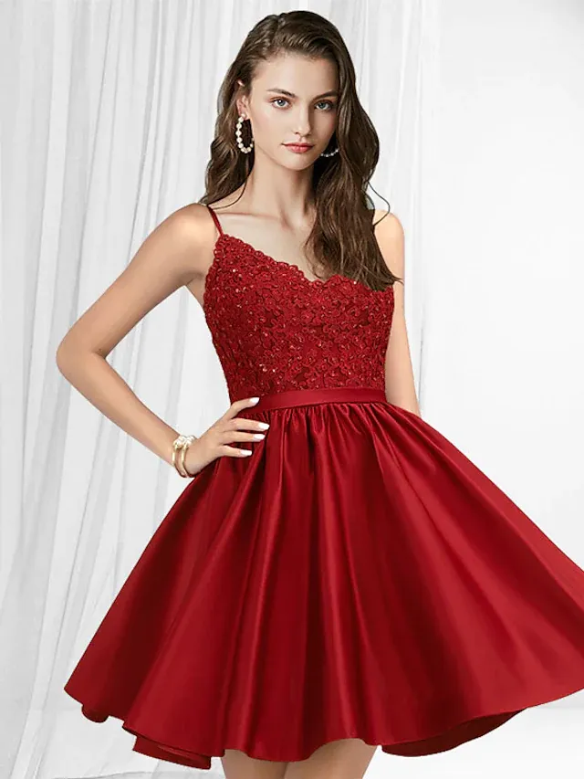 A-Line Minimalist Sexy Homecoming Party Wear Dress V Neck Spaghetti Strap Sleeveless Short Mini Lace Satin Cocktail Dress