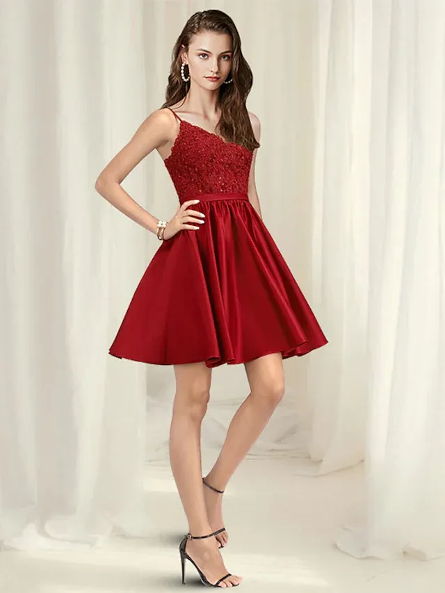 A-Line Minimalist Sexy Homecoming Party Wear Dress V Neck Spaghetti Strap Sleeveless Short Mini Lace Satin Cocktail Dress