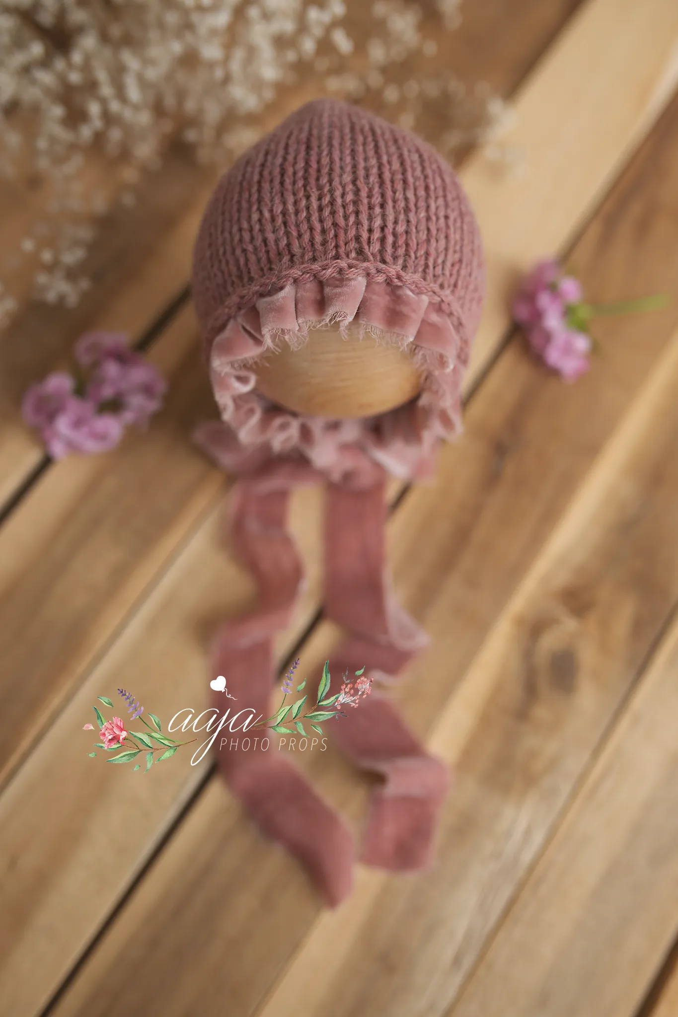 Baby newborn bonnet and knitted wrap set, pale rose pink, Velvet ties, made to order