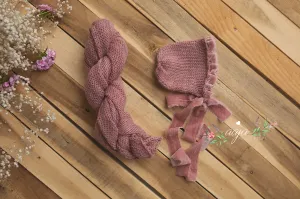 Baby newborn bonnet and knitted wrap set, pale rose pink, Velvet ties, made to order