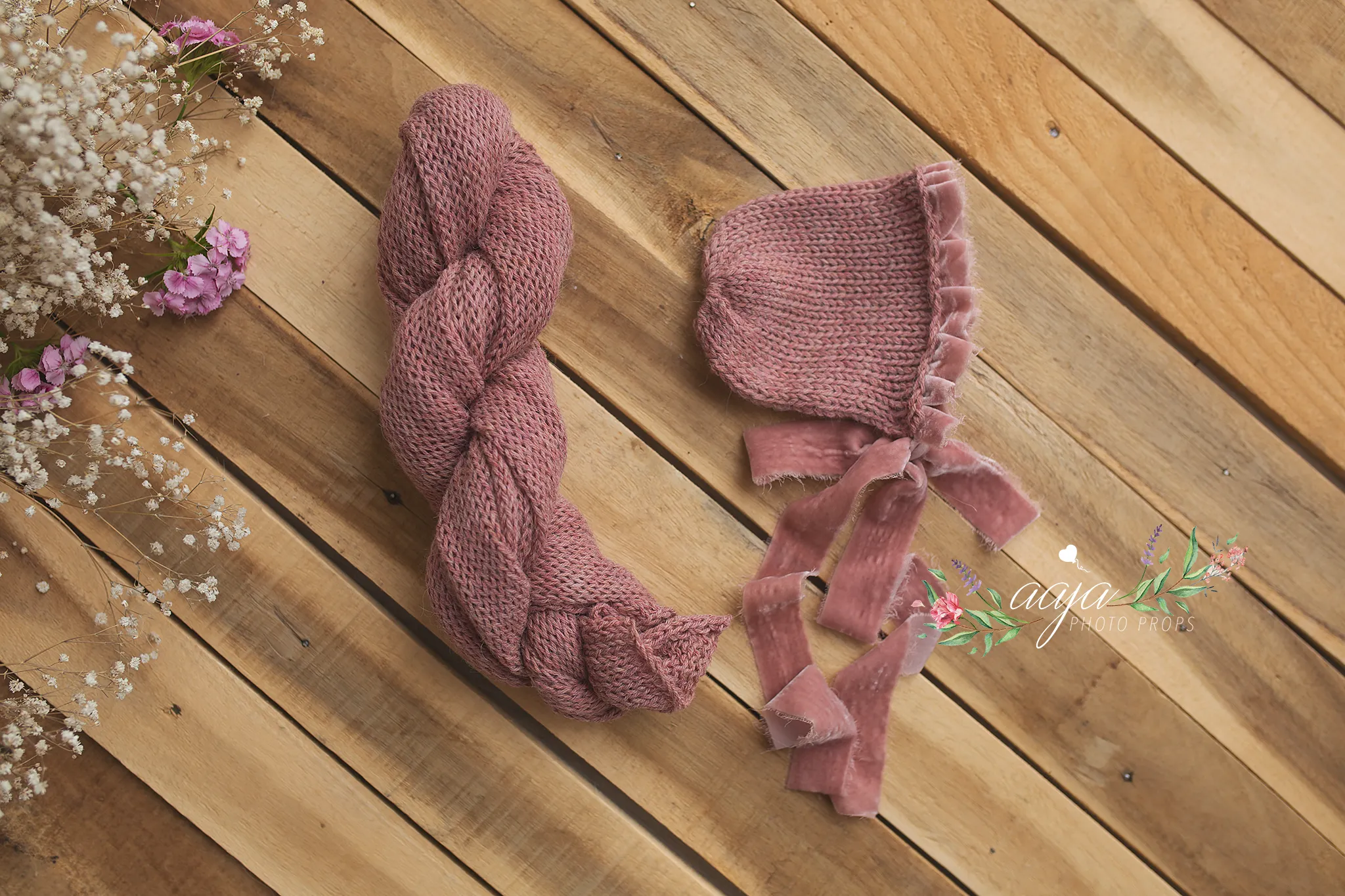 Baby newborn bonnet and knitted wrap set, pale rose pink, Velvet ties, made to order