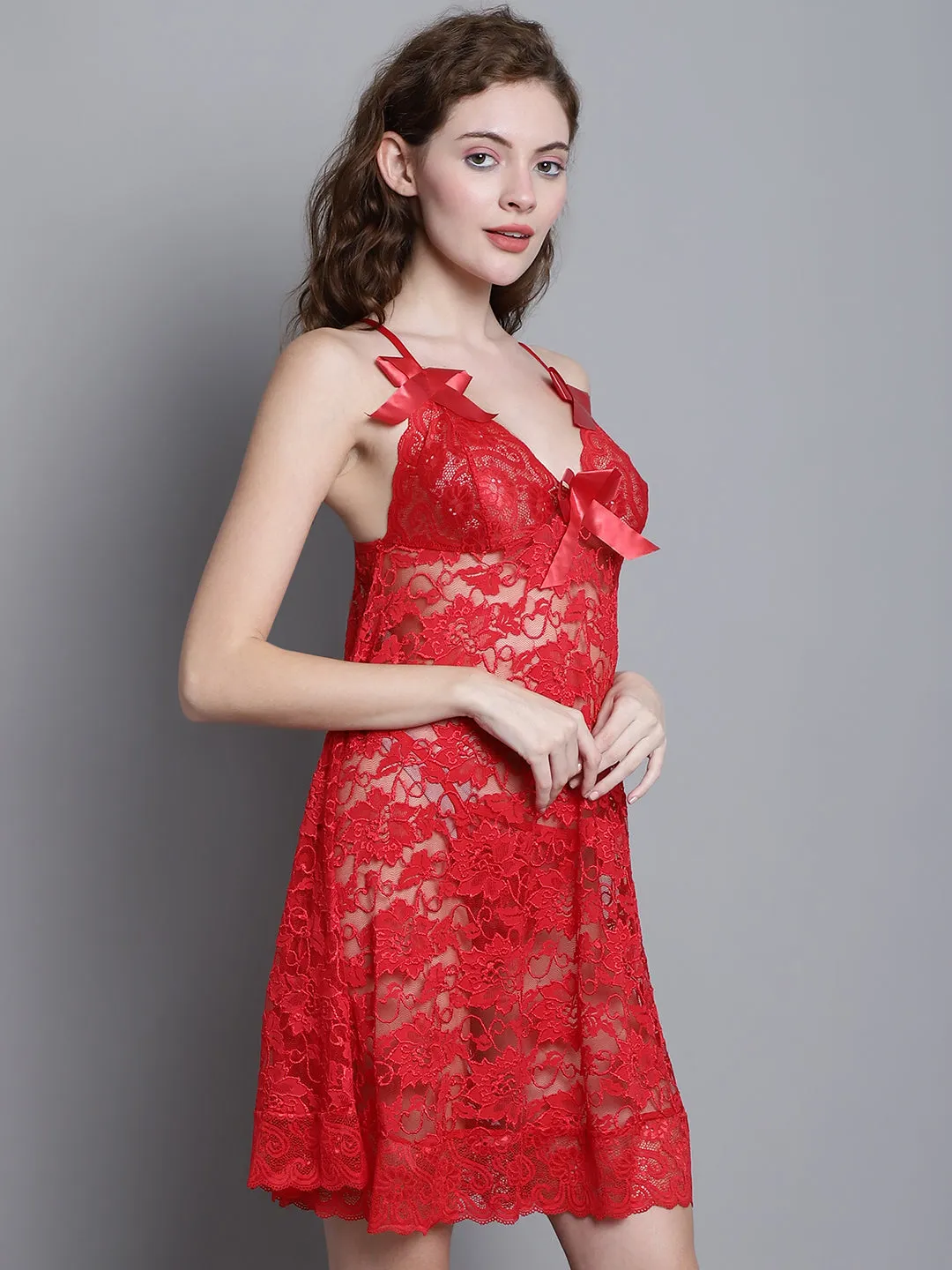 Babydoll Intricate Floral Lacy Dress - Red