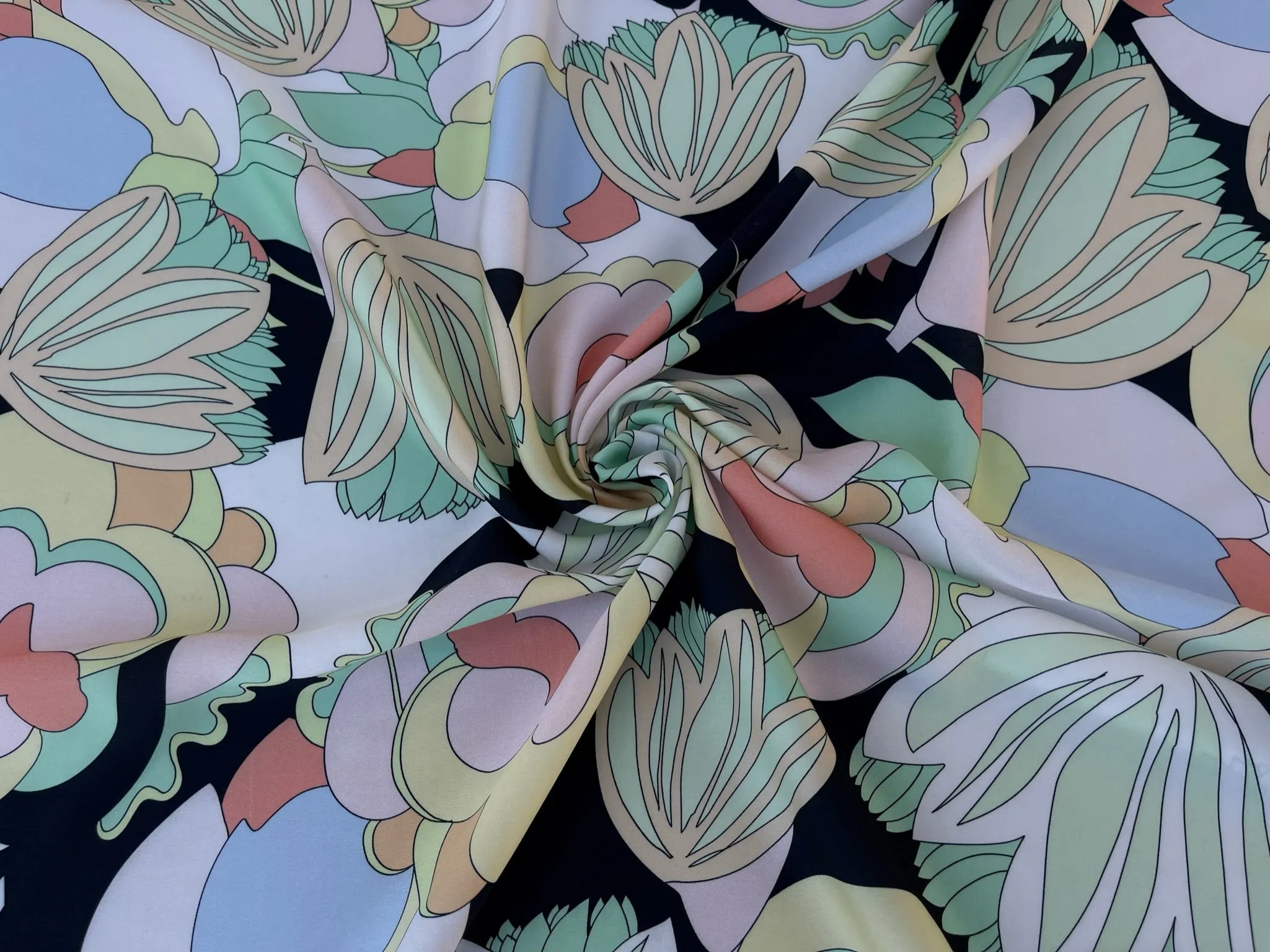 Italian Lightweight  satin fabric by the yard - pink teal yellow pastel floral print