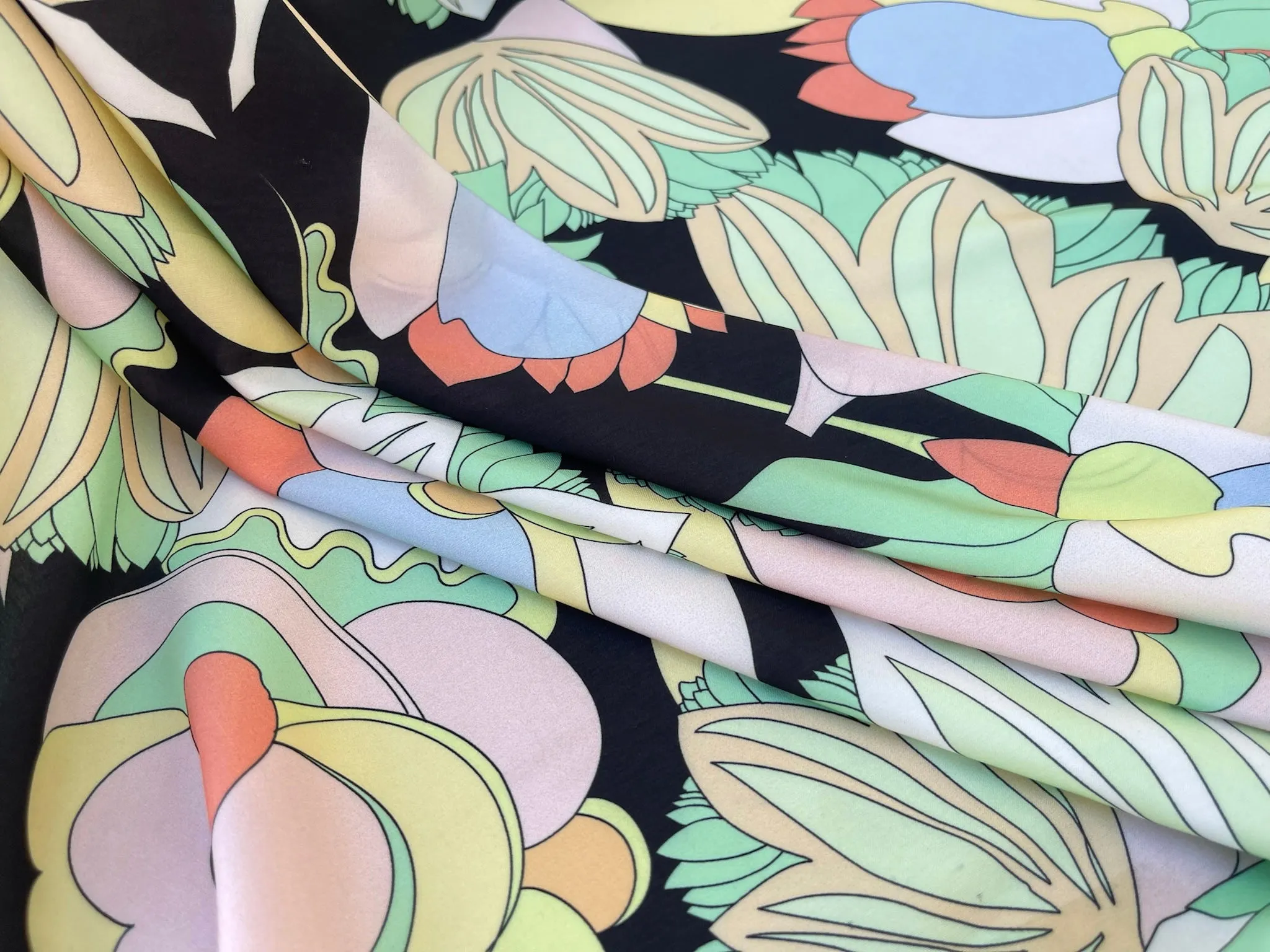 Italian Lightweight  satin fabric by the yard - pink teal yellow pastel floral print
