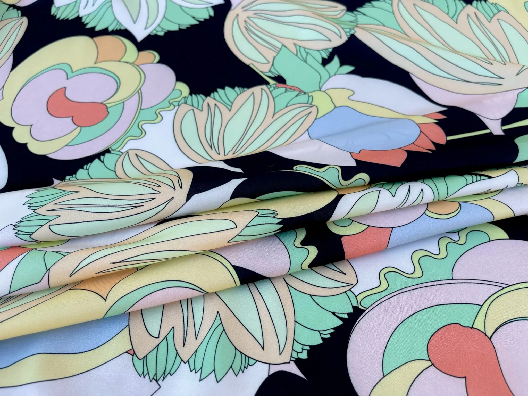 Italian Lightweight  satin fabric by the yard - pink teal yellow pastel floral print