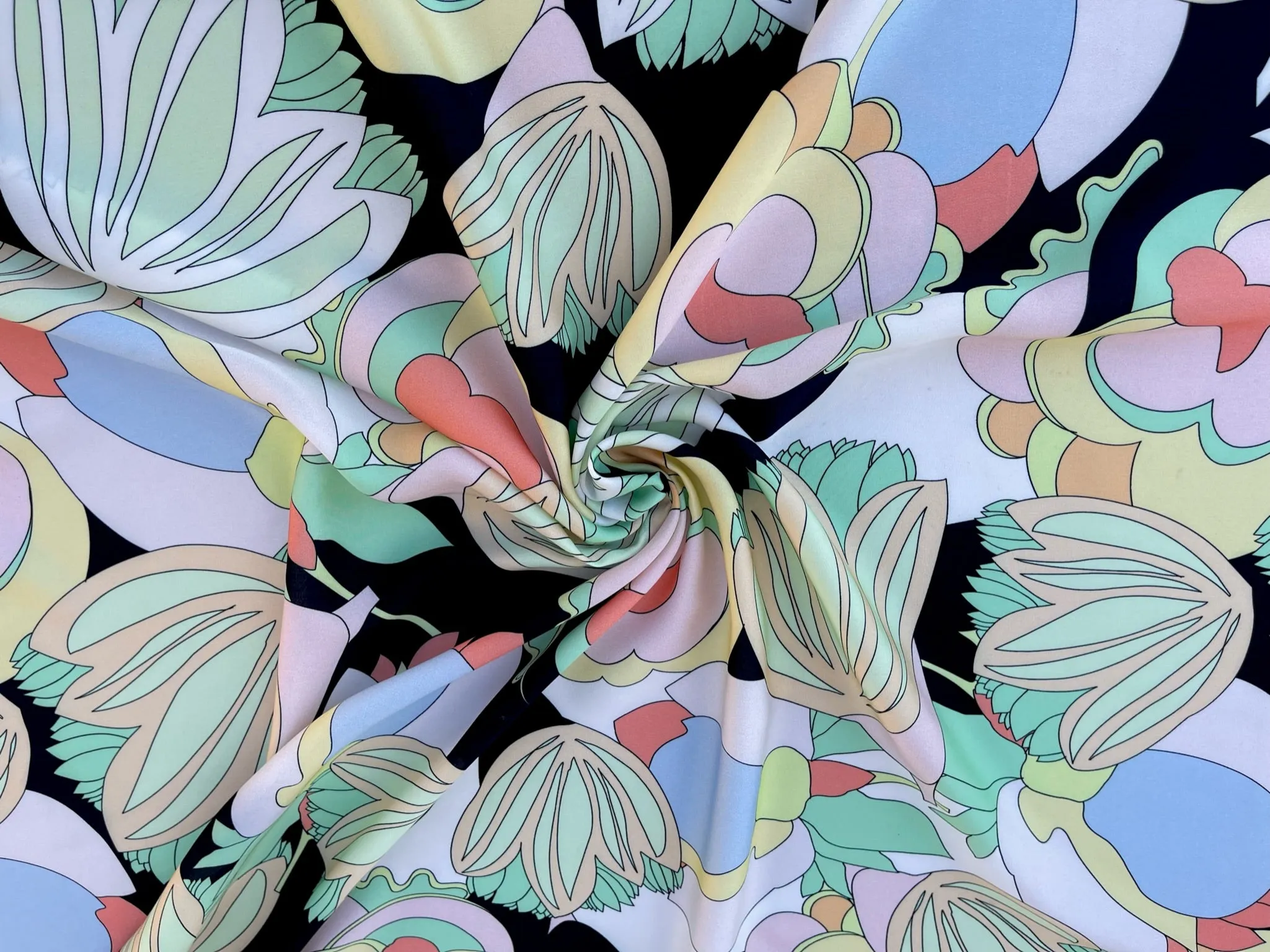 Italian Lightweight  satin fabric by the yard - pink teal yellow pastel floral print
