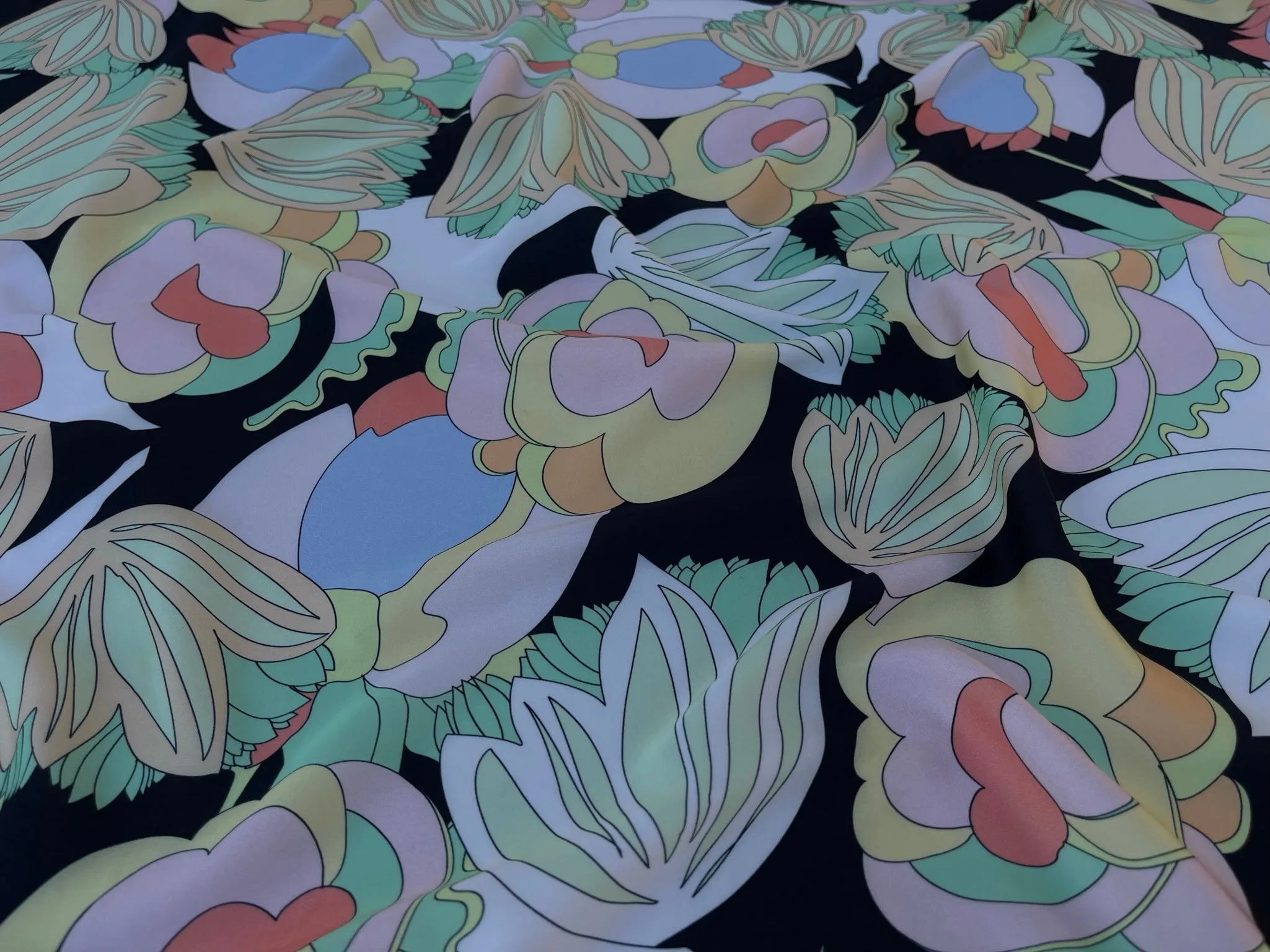 Italian Lightweight  satin fabric by the yard - pink teal yellow pastel floral print