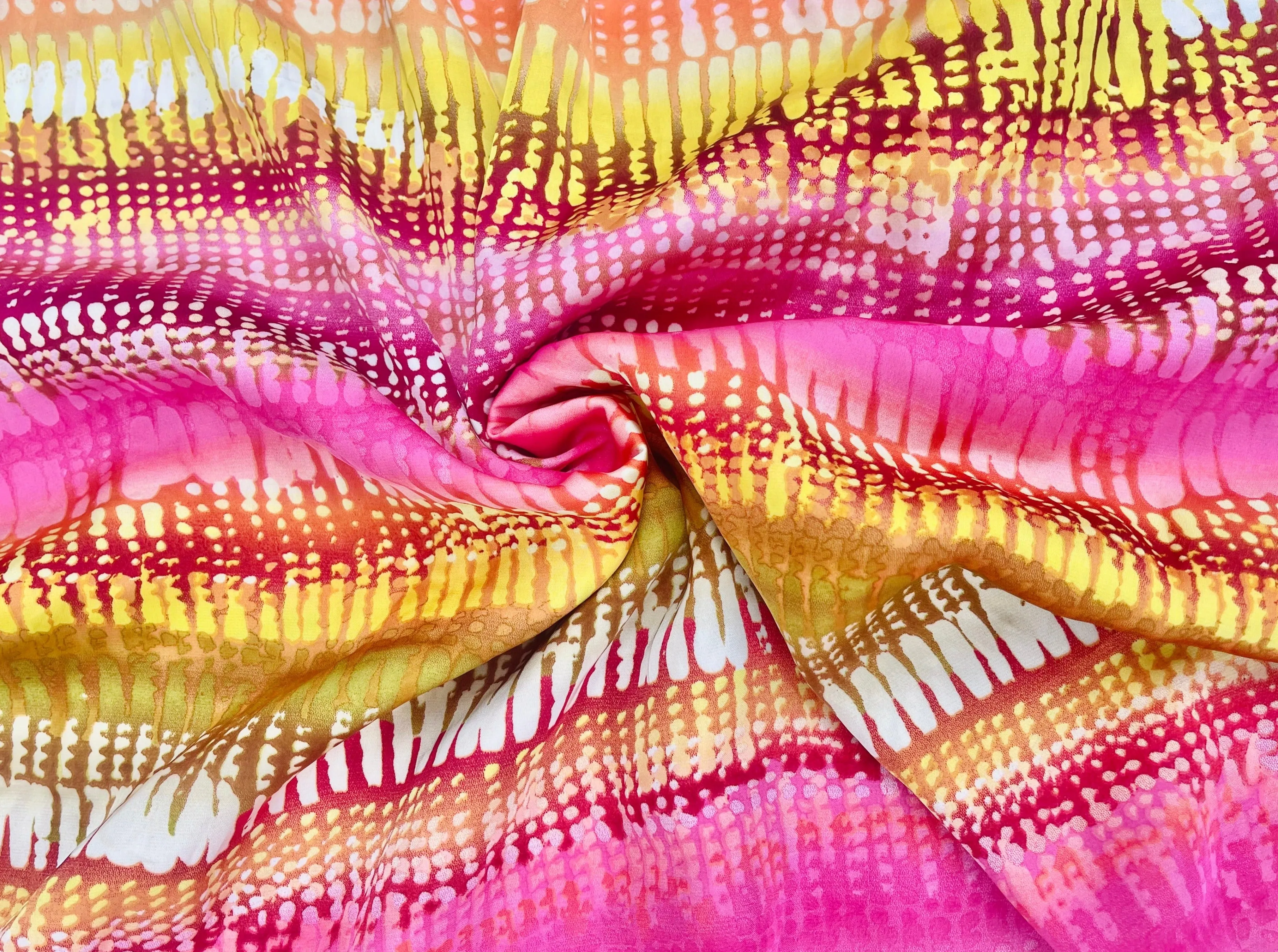 Lightweight  satin  fabric by the yard - Pink yellow striped print