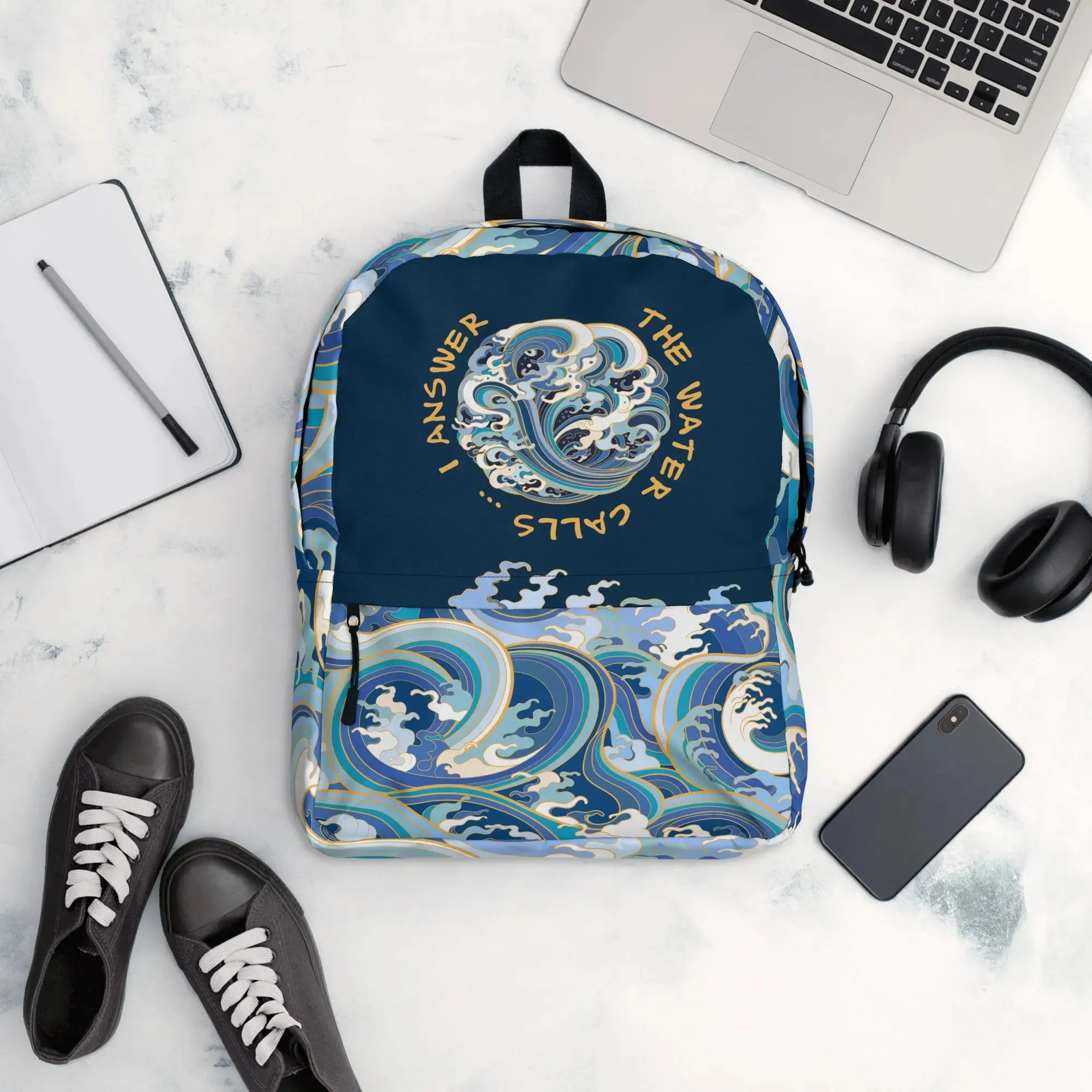 Minimalist Fashion Backpack, "Ocean One" Crashing Waves design.