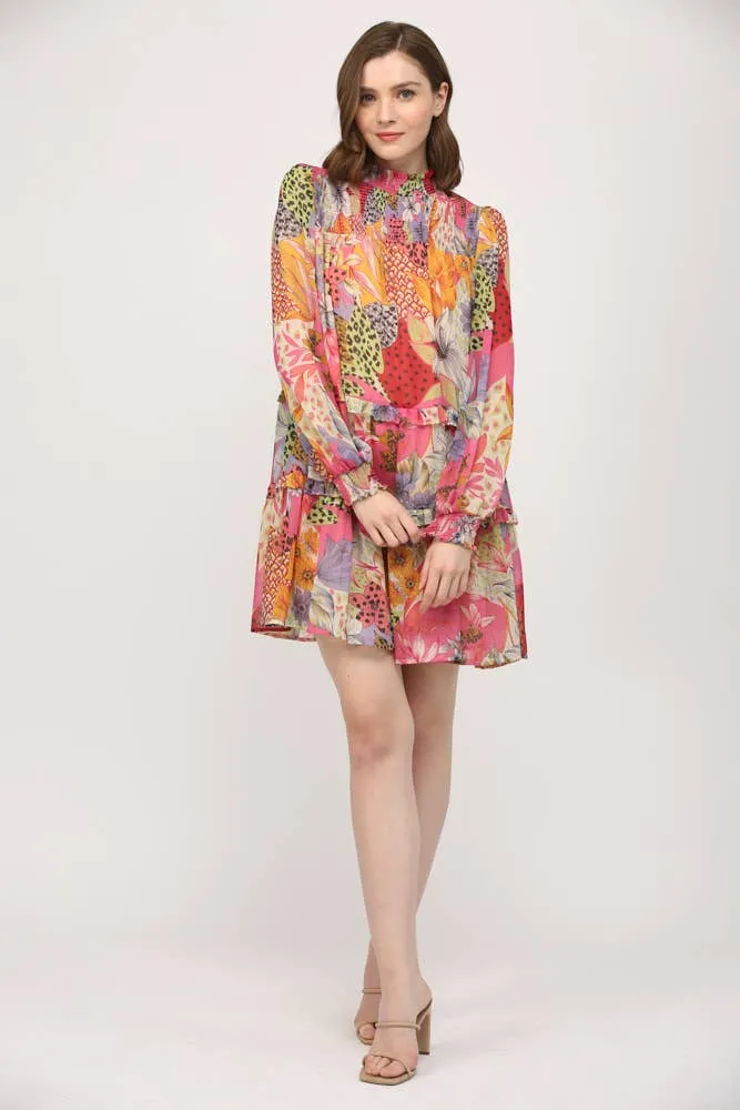 Mixed Floral Chiffon Smocked Yoke High Neck Dress