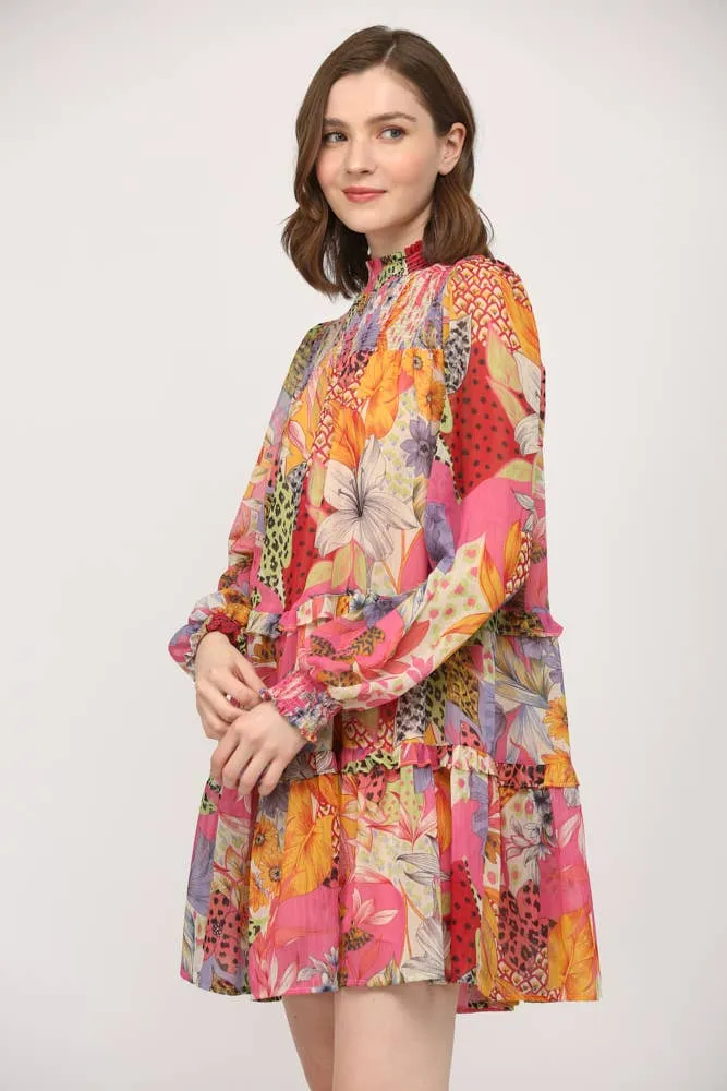 Mixed Floral Chiffon Smocked Yoke High Neck Dress