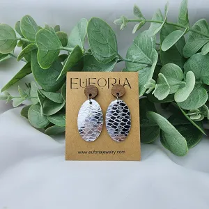Oval Leather Earrings - Metallic Silver Snakeskin