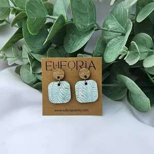 Small Square Cork Over Leather Earrings - White Tropical Leaves Over Seafoam