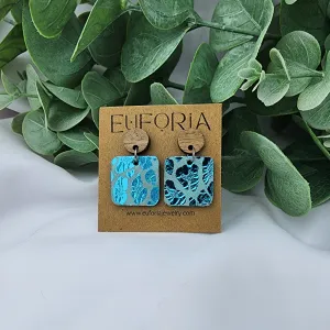 Small Square Leather Earrings - Aqua Metallic Leopard