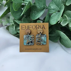 Small Square Leather Earrings - Rustic Aqua Driftwood
