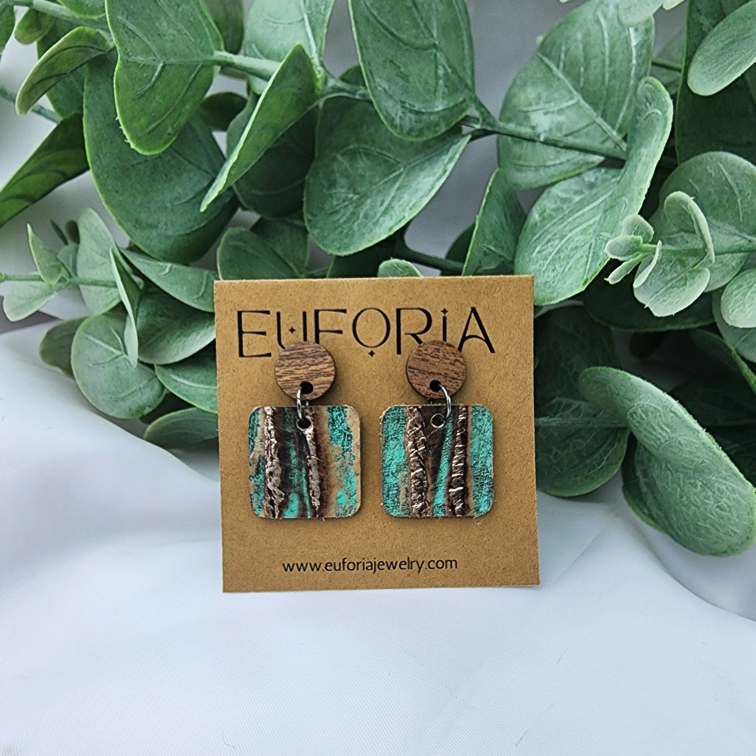 Small Square Leather Earrings - Rustic Ridged Turquoise, Bronze and Brown
