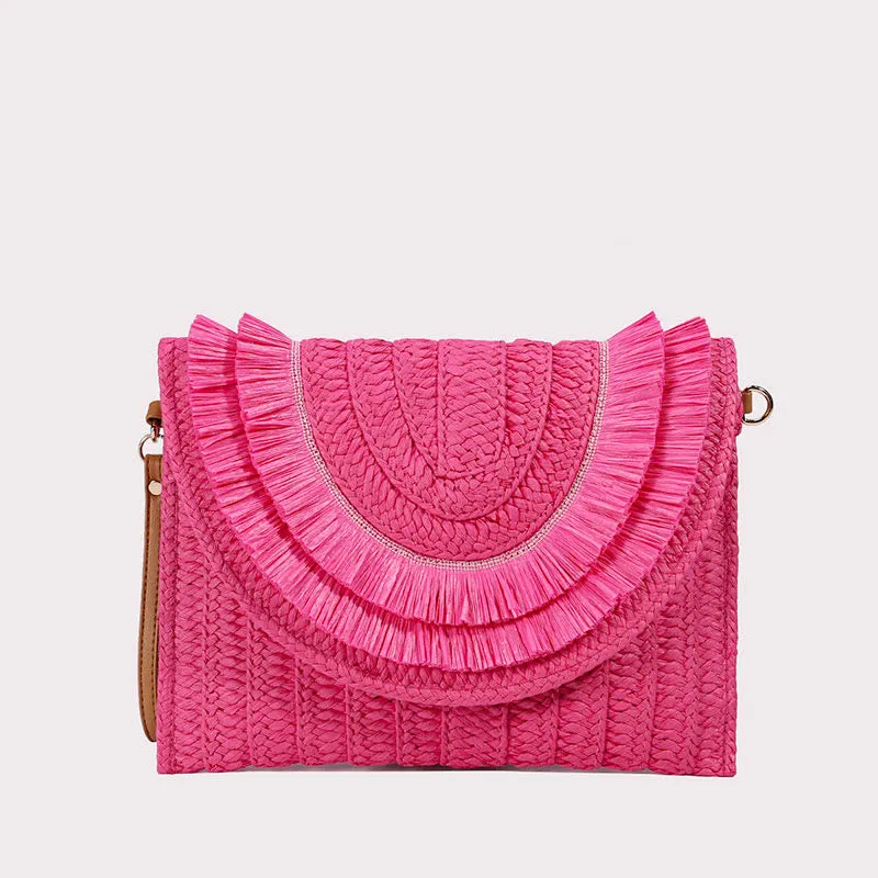 Tassel Beach Clutch for Women Raffia Woven Envelop Bag with Shoulder Strap