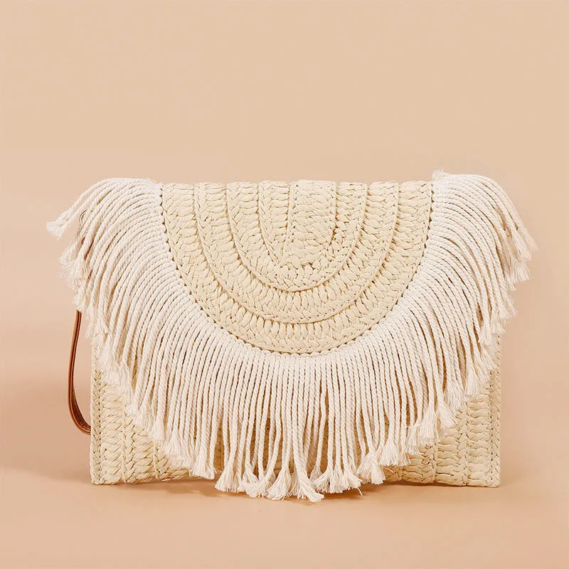 Tassel Beach Clutch for Women Raffia Woven Envelop Bag with Shoulder Strap