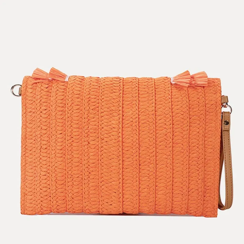 Tassel Beach Clutch for Women Raffia Woven Envelop Bag with Shoulder Strap