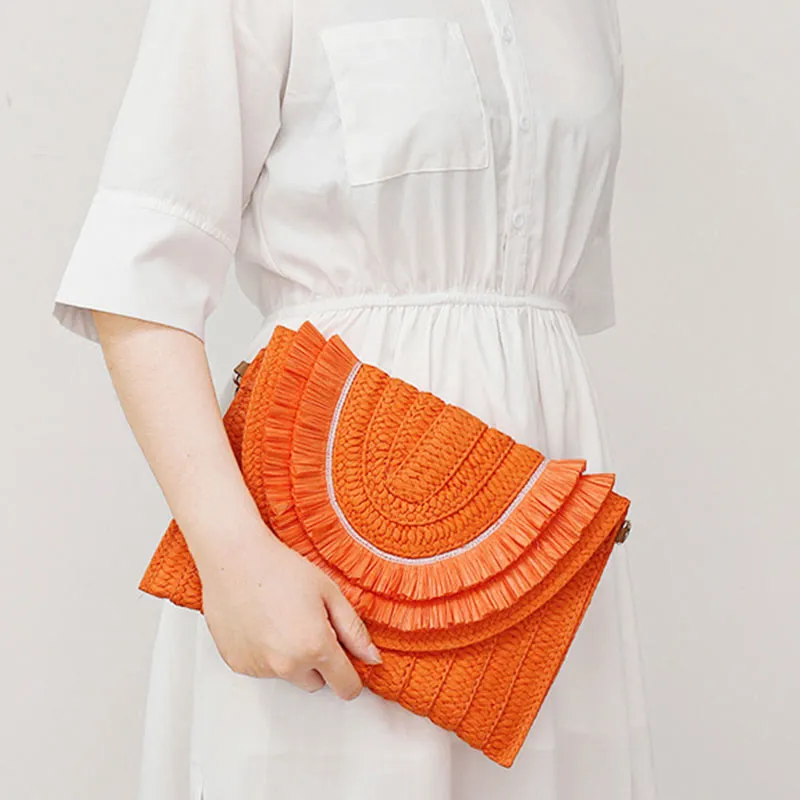 Tassel Beach Clutch for Women Raffia Woven Envelop Bag with Shoulder Strap