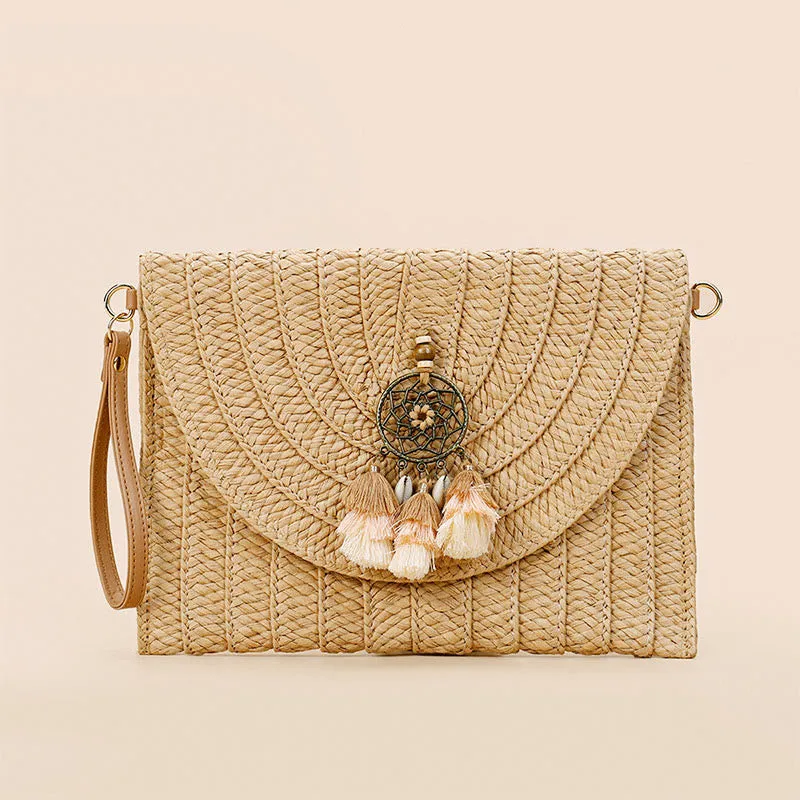 Tassel Beach Clutch for Women Raffia Woven Envelop Bag with Shoulder Strap